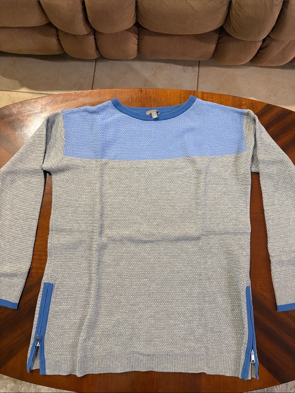 T by Talbots Blue and Grey Crewneck Workout Sweater with Side Zips